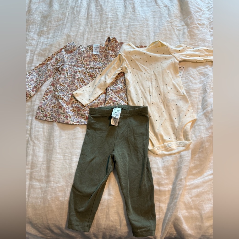 NWT Carter’s Floral Top, Cream Onesie, and Green Leggings Set